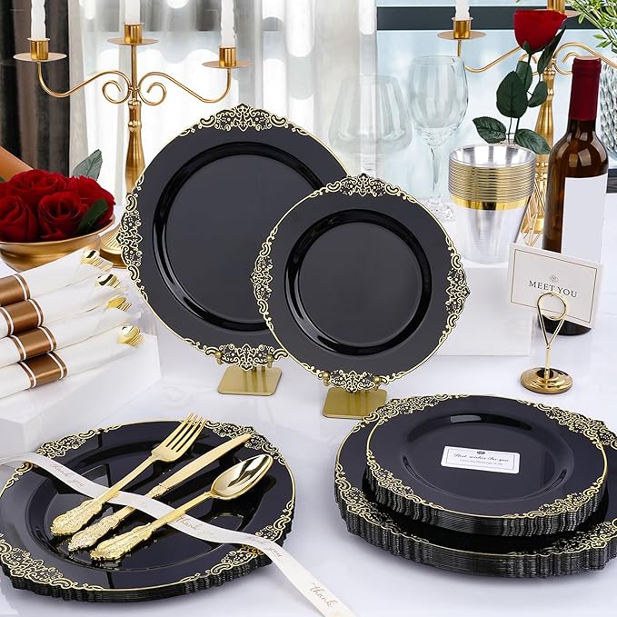 Realluck 350 PCS Black and Gold Plastic Plates, Plastic Dinnerware Set for 50 Guests, 100 Disposable Plates, 150 Silverwares, 50 Cups, 50 Napkins for Party, Wedding, Graduation