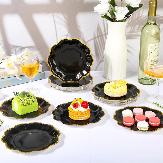 AimFun 24 Pcs Graduation Black and Gold Scalloped Paper Plates 7 Inch Disposable Dessert Plates with Gold Foil Elegant Cake Plate for Wedding Birthday Baby Shower Party Supplies