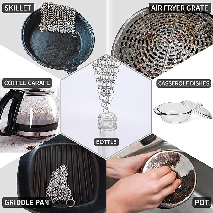 4.5" Cast Iron Scrubber+Pan Scraper, Cast Iron Pan Pot Skillet Cleaner Scrubber Kit, 316 Chain Mail Scrubber Cast Iron Cleaner, Skillet Carbon Steel Pan Wok Dutch Oven Cleaning Kit,316 Chain Scrubber