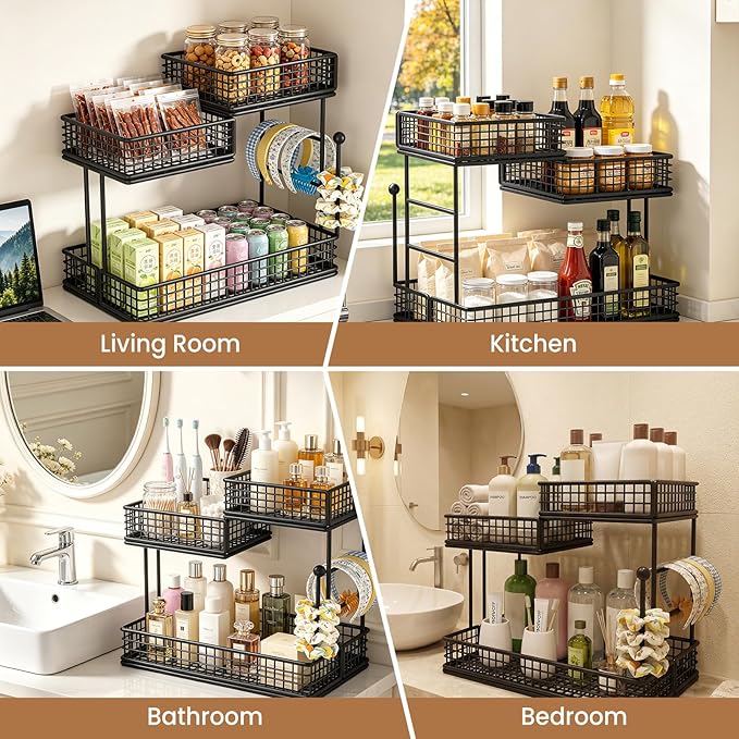 3-Tier Metal Bathroom Countertop Organizer, Makeup Organizer for Vanity Countertop, Bathroom Shelf for Skincare, Perfume & Cosmetics, Multipurpose Storage Rack for Kitchen, Bedroom & Office (Black)