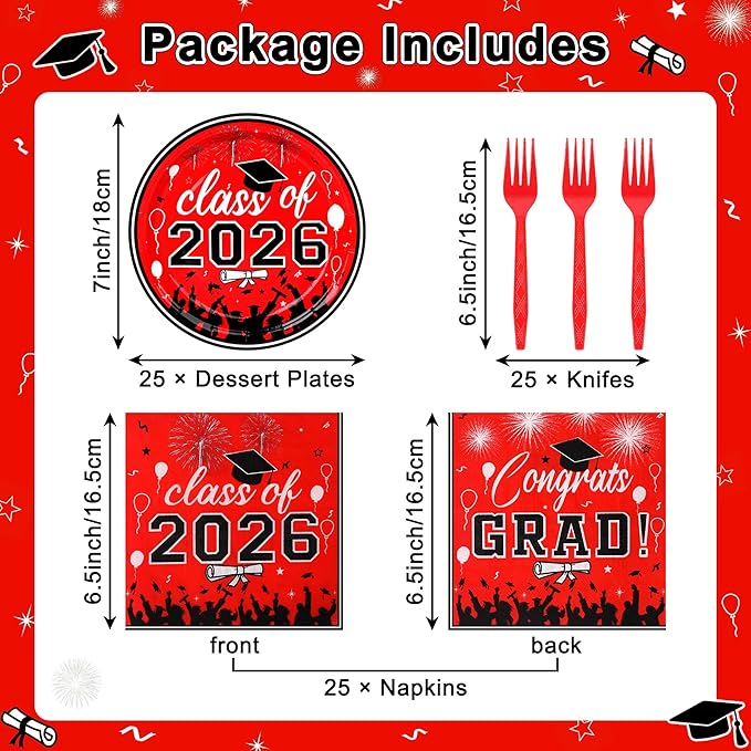 75 Pcs Graduation Plates and Napkins Party Supplies Set,Serves 25 Guests 2026 Red Graduation Plates and Napkins,Disposable Paper Tableware Set for Graduation Party Decorations