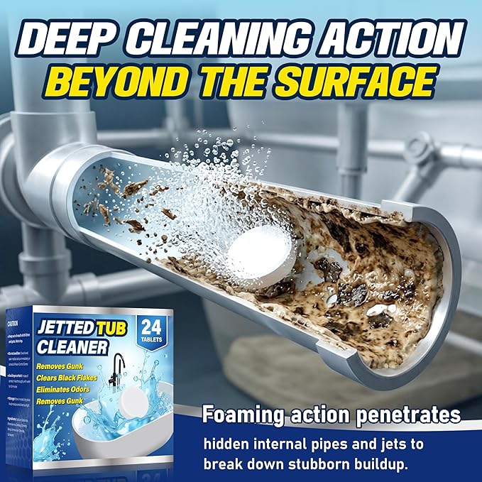 Jetted Tub Cleaner Tablets (24 Count) - Effective Whirlpool & Hot Tub System Flush - Eliminates Soap Scum, Gunk, and Stubborn Black Flakes - Heavy Duty Formula for Clean & Odor-Free Pipes