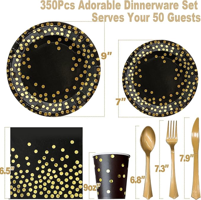 AIRE 350PCS Black and Gold Paper Plates Party Supplies for 50 Guests Party Decorations Disposable Dinnerware Golden Dot Paper Plates Napkins Cups Gold Plastic Forks Knives Spoons for Birthday Wedding