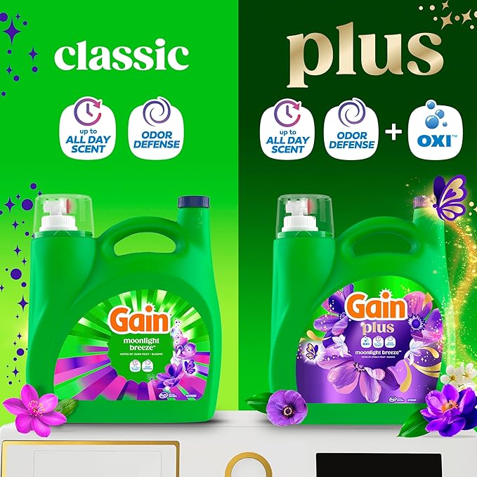 Gain Plus Liquid Laundry Detergent, Cleaner, Fresher, Now with Oxi, Moonlight Breeze Scent, 99 fl oz, 75 Loads