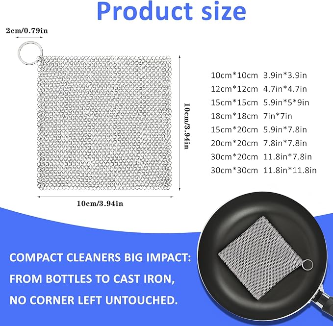 316L Stainless Steel Cast Iron Cleaner, Chainmail Scrubber,Kitchen Tool,Chain Mail Scrubber Cast Iron,for Hard Anodized Cookware, Pre-Seasoned Pans etc (10CM*10CM)