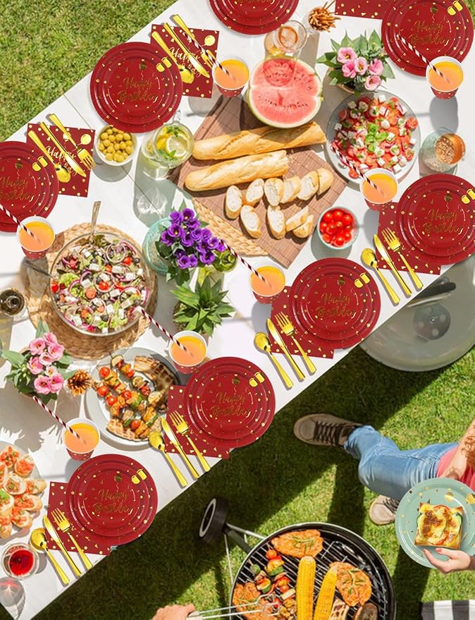 Nkaiso Birthday Plates Party Supplies Set, 161 PCS Burgundy Gold Disposable Party Tableware with Paper Plates Napkins Cups & Silverware, Elegant Birthday Party Plates for Adults, Serves 20