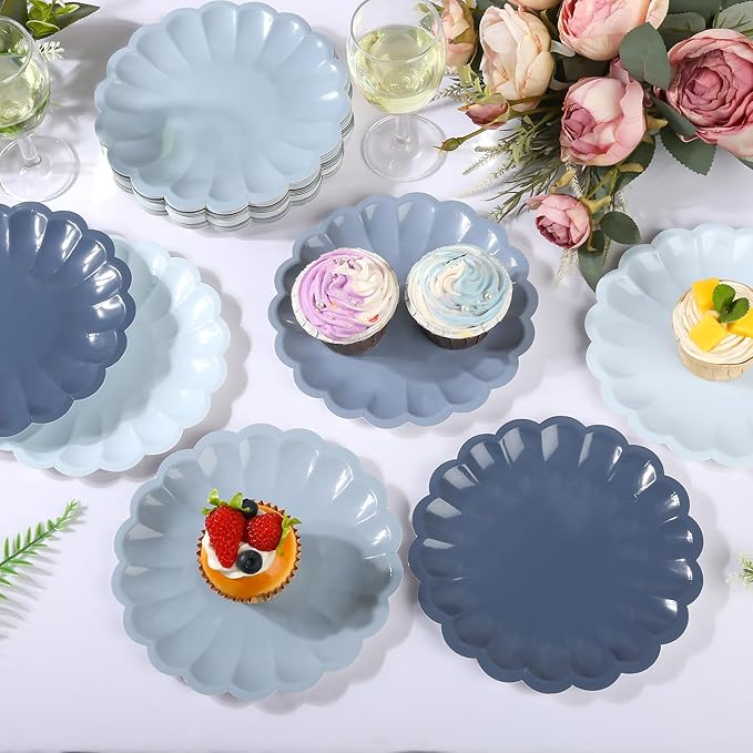 AimFun 24 Pcs Dusty Blue Paper Plates 7.5 Inch Scalloped Disposable Plates Gradient Blue Dessert Plates for Birthday Wedding Baby Shower Bridal Bachelorette Party Supplies Table Decor