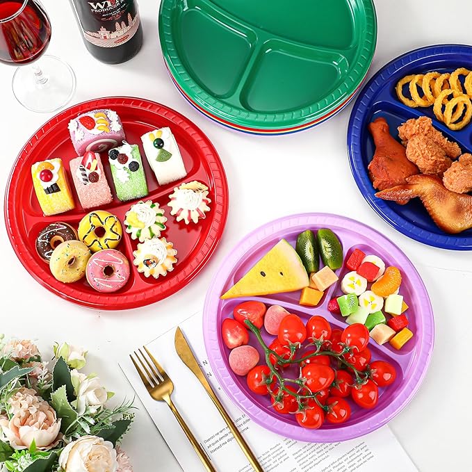 Teenyyou 50 Pcs 10 Inch Plastic 3 Compartment Divided Plates Heavy Disposable Plates Duty Round Dinner Plates with Dividers for Wedding Birthday Party Dinnerware(Multicolor)