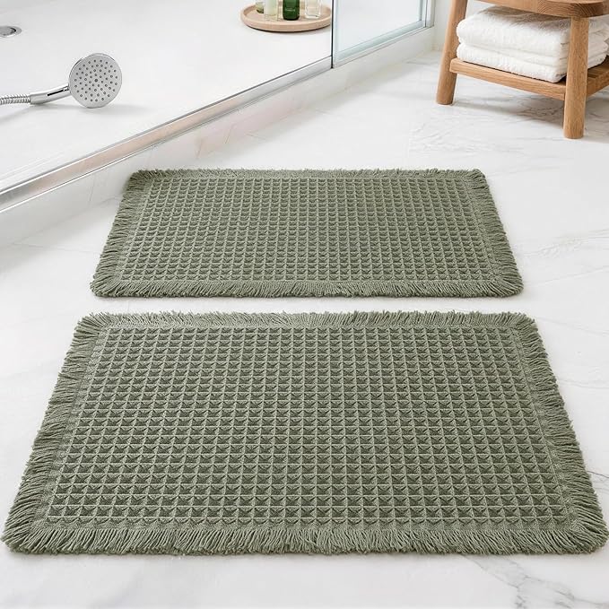Set of 2 Waffle Bathroom Rugs, Non Slip Absorbent Waffle Knit Bath Mat for Shower Floor, Tub and Bathroom Door, Ultra Soft Quick Dry, Olive Green, 18"x30"+24"x36"