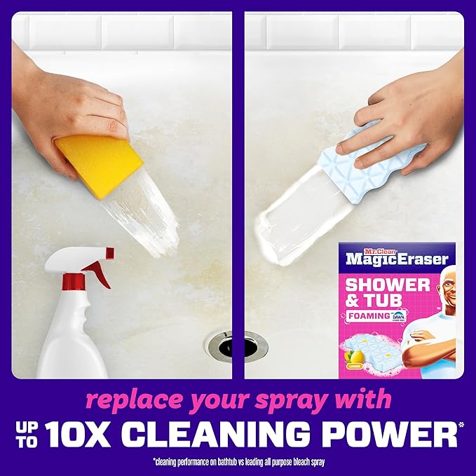 Mr. Clean Magic Eraser Sponge, Bathroom, Shower, Tub Cleaner, Soap Scum Remover, Bathroom Cleaning Supplies, Dawn Cleaning Power with Lemon Scent, Shower & Tub, 6ct (Pack of 4)