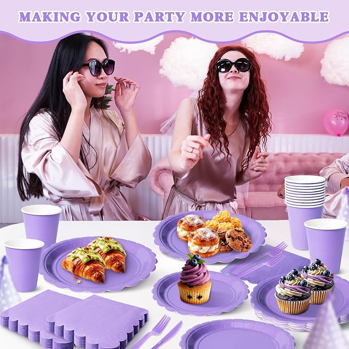 Vyntra 350 Pcs Lavender Purple Disposable Paper Plates and Napkins Set for 50, 9" Dinner Plates & 7" Dessert Plates, Tableware for Birthday, Party