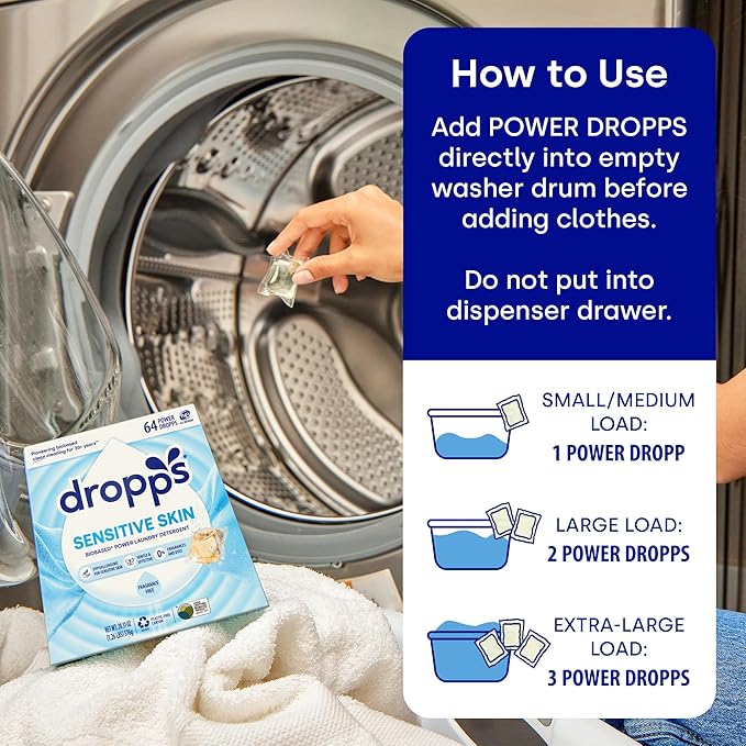 Dropps Sensitive Skin Laundry Detergent Pods, Unscented (64 Ct) - Hypoallergenic & Dermatologist Tested | Free & Clear | Laundry Pods for Sensitive Skin | Clean Ingredients | Plastic Free Packaging