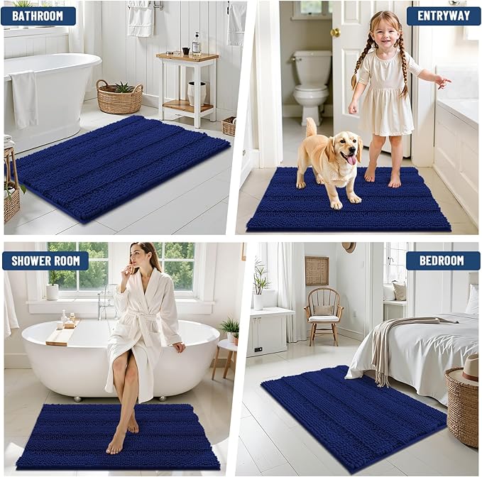 Grandaily Chenille Striped Bathroom Rugs 47x24, Extra Thick and Soft Absorbent Bath Mats, Rubber Backing, Plush Shaggy Shower Carpet, Machine Wash Dry, Bath Rug for Bathroom, Navy Blue