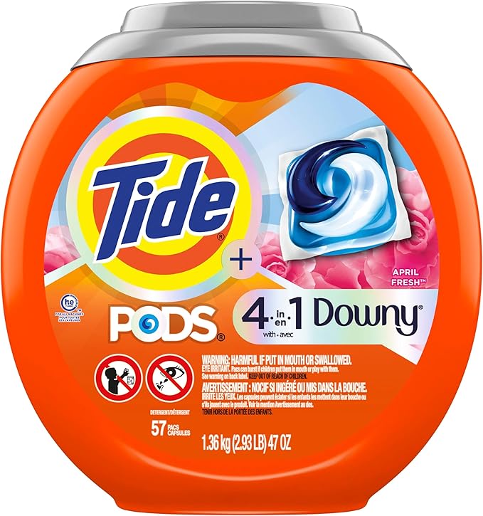 Tide PODS Laundry Detergent soap with a touch of Downy 4-in-1 Detergent, 57 Count, Stain Remover, Freshness, Softness, Fabric Protecter, HE Compaible
