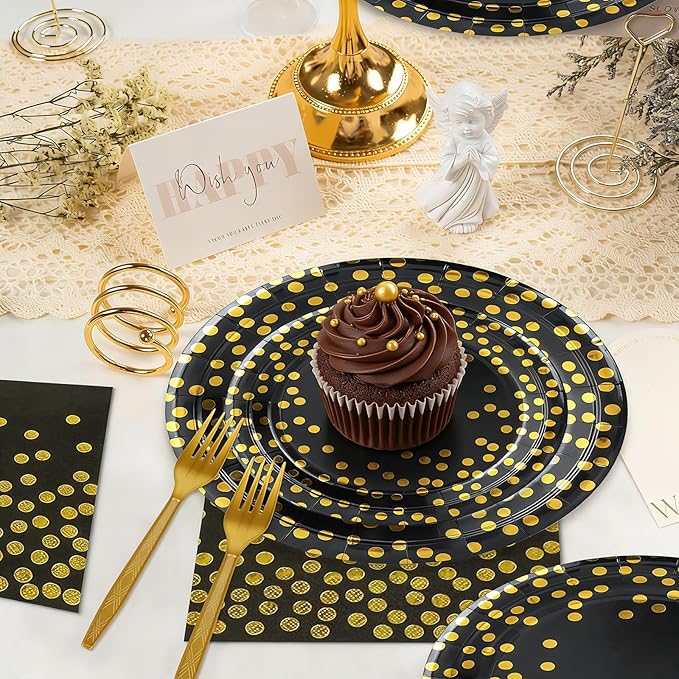100 Pcs Black and Gold Paper Plates and Napkins Party Supplies,Serves 25 Guests Black Gold Plates and Napkins,Disposable Paper Tableware Set for Birthday Graduation Retirement Decorations