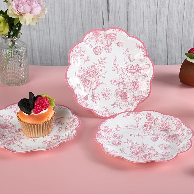 24 Pcs Pink Floral Party Plates Vintage Floral Leaf Disposable Paper Plates Wildflower Pink Toile 7" Small Scalloped Rim Dessert Plates for Valentines Birthday Bridal Tea Party Supplies
