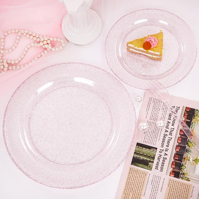 WDF 200PCS Pink Plastic Plates - Rose Gold Glitter Plastic Plates - Heavy Duty Pink Glitter Disposable Plates for Wedding/Baby Shower/Birthday