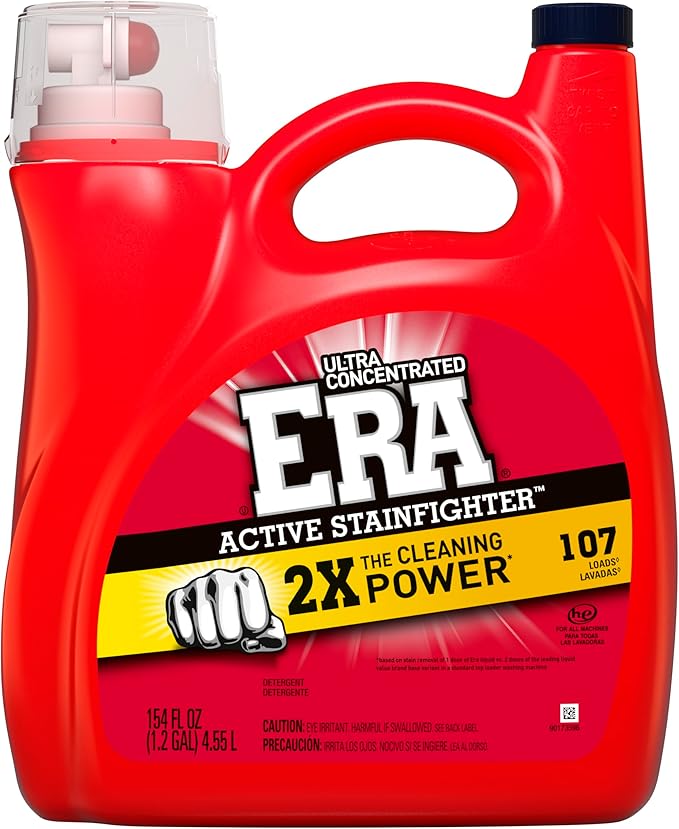 Era 2X Ultra Active Stainfighter Formula Liquid Laundry Detergent 154 fl oz, 107 Loads Stain Fighter Laundry Detergent for Deep Stain Removal Tough on Stains Fighter High Efficiency