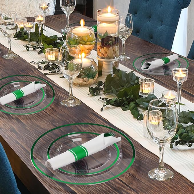 Goodluck 350Pcs Green Plastic Dinnerware Set for St. Patrick's Day, Clear Disposable Plates for 50 Guests, Include 50 Dinner Plates, 50 Dessert Plates, 50 Pre Rolled Napkins with Cutlery Set, 50 Cups