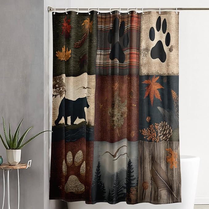 AILONEN Retro Rustic Bear Shower Curtain Set for Bathroom Decor,Vintage Animal Bath Curtains,Forest Wildlife Theme Waterproof Shower Curtain with Hooks,72" Wx84 H