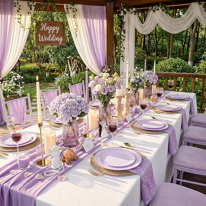 DaYammi 150Pcs Purple Plastic Plates with Gold Rim,Disposable Plastic Plates Include 30 Dinner Plate,30 Salad Plate,30 Forks,30 Spoons,30 Knive,Purple Disposable Platos for Party Wedding Bridal Shower