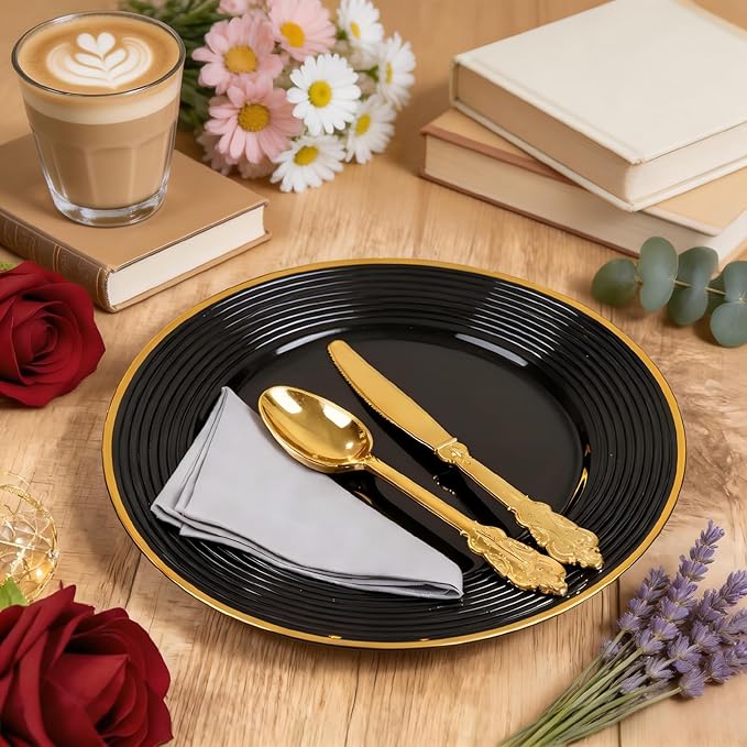 Liacere 100PCS Black Plastic Plates - Heavy Duty Disposable Plates - Black and Gold Plate Include Dinner/Dessert Plate for Wedding & Holiday Party & Birthday & Graduation