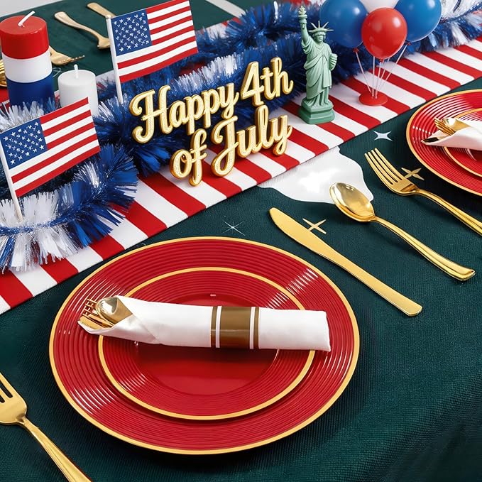 Liacere 100PCS Red Plastic Plates - Heavy Duty Disposable Plates - Red and Gold Plate 100PCS Dinner/Dessert Plate for Party & Graduation & Independence Day & Memorial day