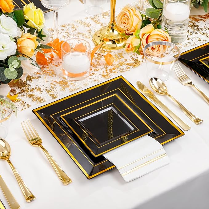 Festiva 350Pcs Black and Gold Plastic Plates-50Guests Disposable Square Black Dinnerware Set include 100 Plastic Plates,50Cups,150Plastic Cutlery,50Napkins for Birthday Party &Wedding&Graduation