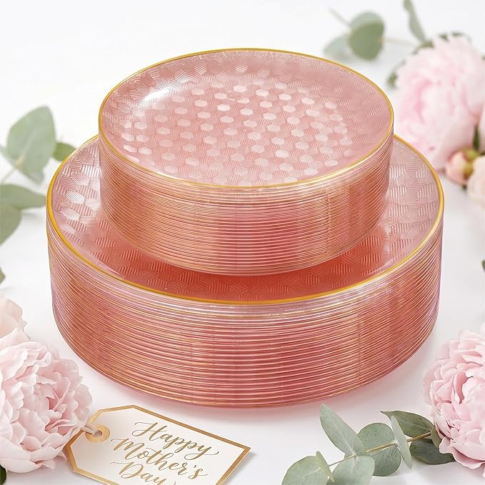 Festiva 60PCS Clear Pink Gold Plastic Plates - Heavy Duty Fancy Disposable Plates With Gold Rim-serve for 30 guests Include 30PCS 10.25" & 30PCS 7.5" Honeycomb Design Plates for Party(Pink)