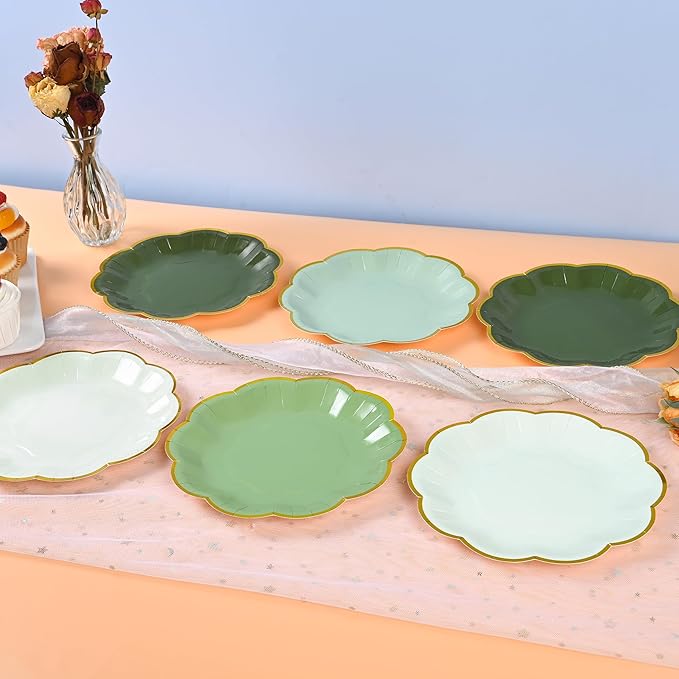 AimFun Sage Green Party Plates Gradient Green Dessert Paper Plates 7inch Gold Foil Scalloped Edge Disposable Cake Plates for Birthday Bridal Baby Shower Wedding Party Supplies (24)