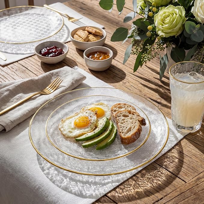 Festiva 60PCS Clear Gold Plastic Plates - Heavy Duty Fancy Disposable Plates With Gold Rim-serve for 30 guests Include 30PCS 10.25" & 30PCS 7.5" Honeycomb Design Plates for Party(Clear)