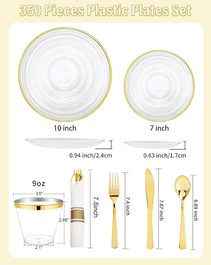 Morejoy 350PCS Clear Gold Plastic Plates - Disposable Gold Party Plates & Pre Rolled Napkins with Cutlery for 50 Guests, 100Plates, 150Silverware, 50Cups, 50Napkin for Party & Mother's Day