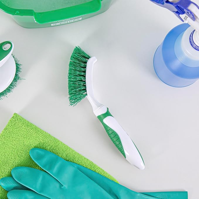 Restaurantware Grout Brush 100 Pack of 9 Tile Scrubbing Brush Stiff Bristle Ergonomic Handle Angled Head Narrow Design Green and White Plastic Cleaning Tool