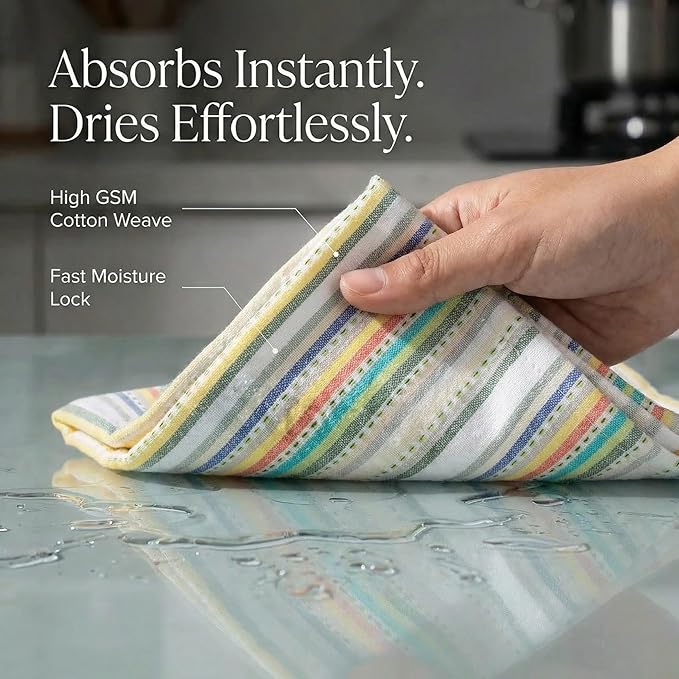 Urban Villa Kitchen Towels 100% Cotton Dish Towels for Kitchen(Set of 6)20”x30” Dish Cloths Highly Absorbent Kitchen Linen Set with Hanging Loop Perfect for Drying Dishes Cleaning Towels-Beige Stripes