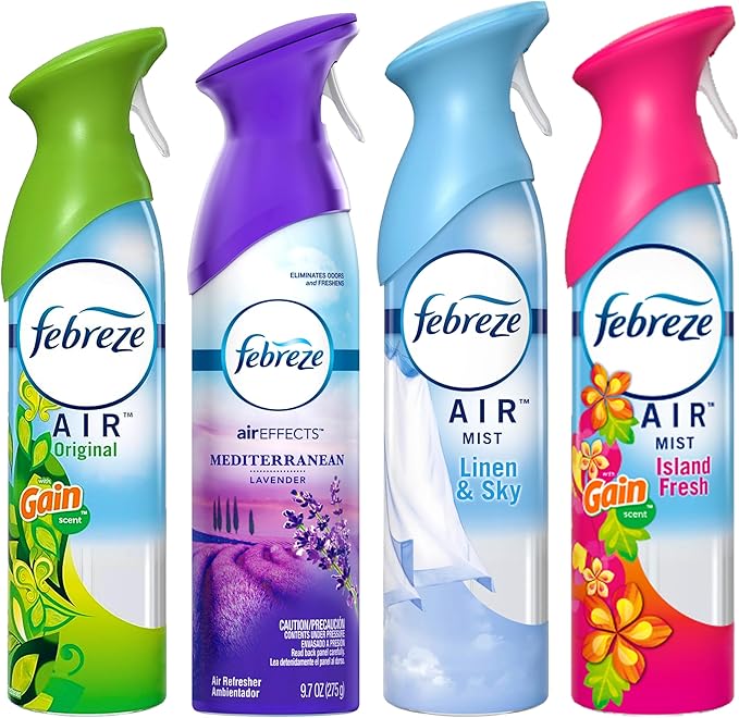Febreze Air Freshener Odor Eliminator Spray, Assorted Scent Febreze & Bathroom Deodorizer, Original, Island Fresh, Linen Sky & Lavender, 4 Pack
