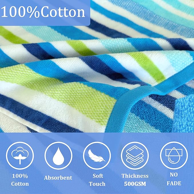 VOOVA & MOVAS Surf Poncho Towels for Teens (8-16Years), 100% Cotton Absorbent Thick Poncho Towel for Big Kids | Boys | Girls, Perfect for Pool, Beach, Bath, Blue Green White Stripe