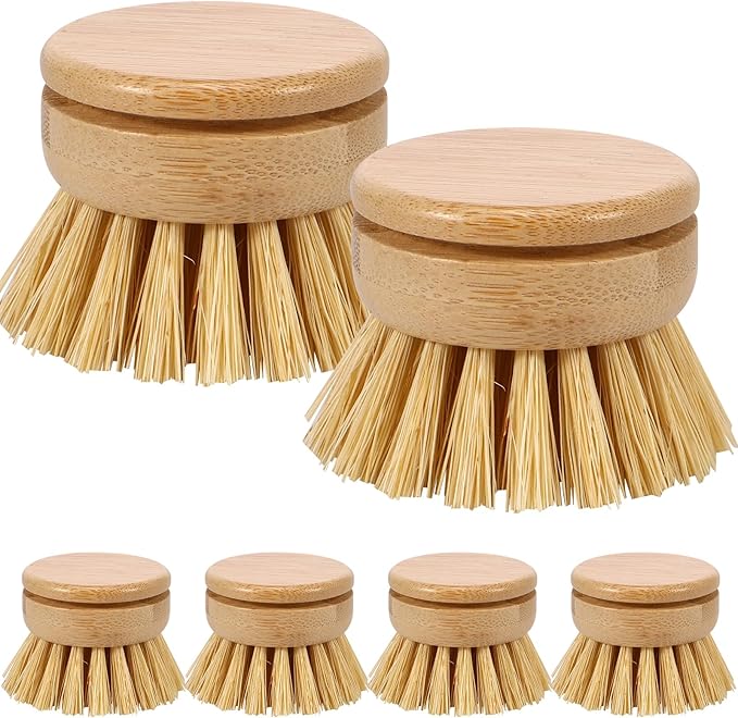 Bamboo Dish Brush, 6 Replacement Heads, Natural Washing Up Brushes Heads, Dish Scrub Brush Replacement Brush Refill, Soft Sisal Bristle Dish Scrubber, Brush for Kitchen Cleaning Pots Pans