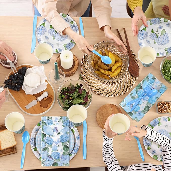 Sinmoe 400 Pcs Spring Plates and Napkins Set Paper Flower Dinnerware Disposable Party Supplies for 50 Guest Dinnerware Knife Fork Spoon for Spring Birthday Party(Blue,Hydrangea)