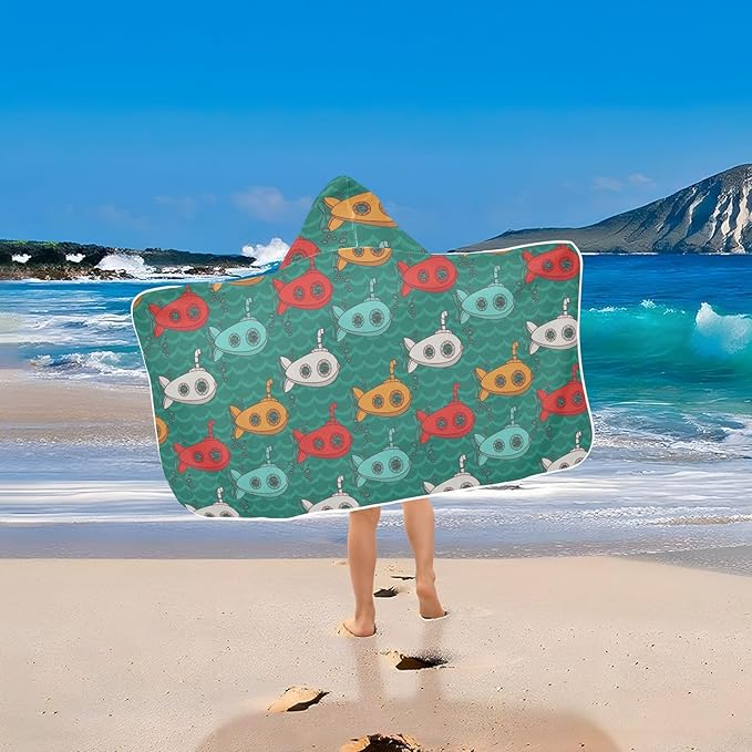 susiyo Kids Hooded Bath Towel Vintage Submarines Beach Towel for Kids 23.5 x 50 Inch Microfiber Soft Absorbent Quick Dry Bath Swim Pool Towel Wrap Poncho Bathrobe with Hood for Kids Toddler