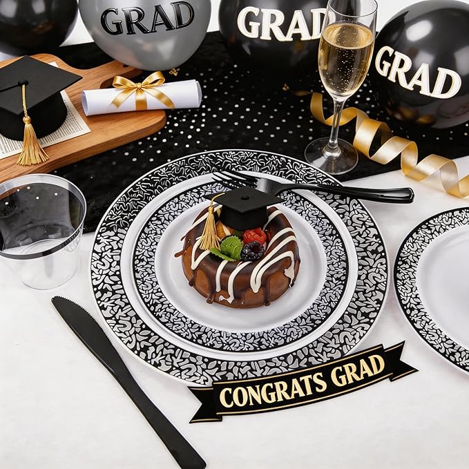 WELLIFE 350Pcs Black Plastic Dinnerware and Napkins Party Supplies Include:50 Dinner Plates, 50 Dessert Plates, 50 Napkins, 50 Cups and 50 Plastic Cutlery