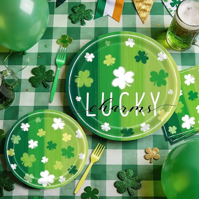 96 Pieces St. Patrick's Day Lucky Plates and Napkins Party Supplies, Vintage Green Shamrock Disposable Tableware with Paper Plates, Napkins, and Forks for Irish Festival Party Decorations - Serves 24