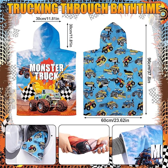 Fanfanwin 2 Pack Monster Truck Themed Bath Towel Beach Hooded Bath Towel 37.8x23.62 Inches Monster Truck Poncho with Snap Buttons Hood Soft Microfiber Rapid Dry for Beach, Pool, Swim, Travel, Home Use