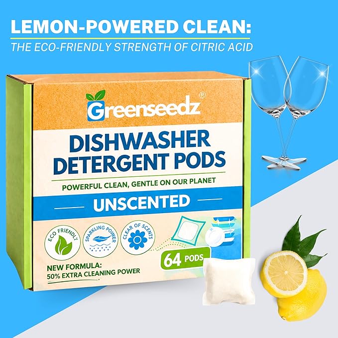 Dishwasher Detergent Pods Free & Clear, Unscented, Eco Friendly, Cuts Grease, 64 Count, Powerful Formula for Sparkling Clean Dishes, Automatic Dishwasher Safe