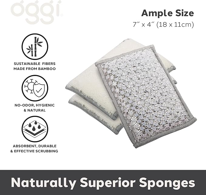 OGGI Bambou Odor-Free Scrubbing Sponges - Natural Scrub Sponges for Dishes, 91% Bamboo-Derived Rayon Cellulose Fiber, Reusable, Absorbent, Durable Scrubbers, Non-Scratch, Washable - 3 pcs, 7x4