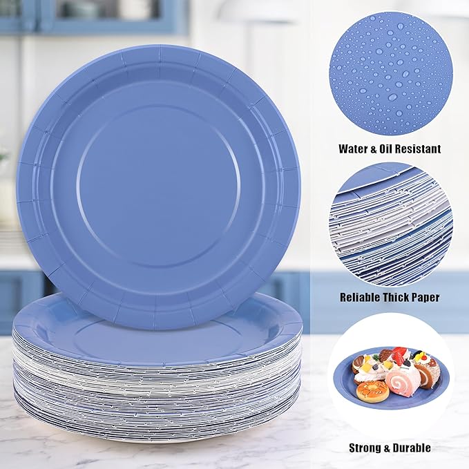 Kochorie 60 Pieces Dusty Blue Disposable Paper Plates 9 Inch Heavy Duty Dinner Plates, Solid Color, Table Decorations Party Supplies for Birthdays, Weddings, Daily Use