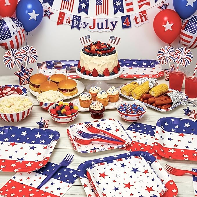 Patriotic Plates and Napkins,96Pcs 4th of July Tableware Set, American Flag Patriotic Party Supplies with Disposable Paper Plates, Napkins,Forks for 250th Anniversary Independence Day,Serves 24