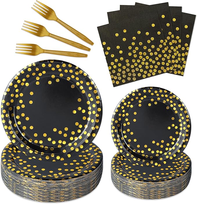 100 Pcs Black and Gold Paper Plates and Napkins Party Supplies,Serves 25 Guests Black Gold Plates and Napkins,Disposable Paper Tableware Set for Birthday Graduation Retirement Decorations