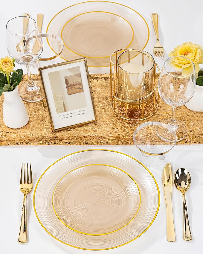 Morejoy 350PCS Clear Brown Plastic Plates - Disposable Gold Party Plates & Pre Rolled Napkins with Cutlery for 50 Guests, 100Plates, 150Silverware, 50Cups, 50Napkin for Party & Christmas