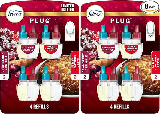 Febreze Odor-Fighting Fade Defy PLUG Air Freshener Baked Cinnamon Apple,Cranberry Crumble,.87 fl. oz. Oil Refill,(Pack of 8)