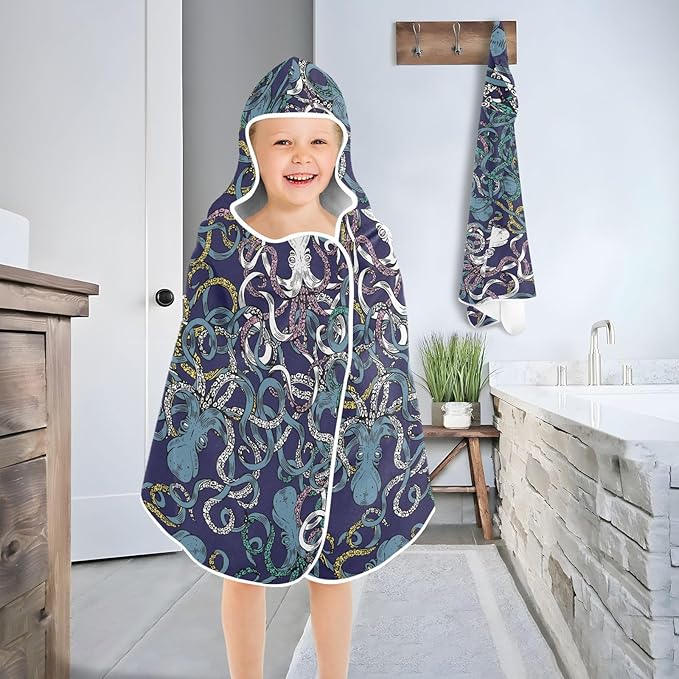 susiyo Kids Hooded Bath Towel Octopus Color Beach Towel for Kids 23.5 x 50 Inch Microfiber Soft Absorbent Quick Dry Bath Swim Pool Towel Wrap Poncho Bathrobe with Hood for Kids Toddler